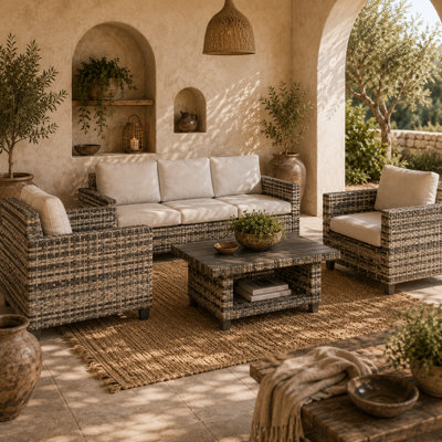 Wyld Haus Coneno 6-Piece Modular Rattan Outdoor Sofa Set Light Grey With White Cushions from B&Q