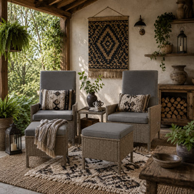 Wyld Haus Liromo 5-Piece Dark Grey Rattan Garden Bistro Set2 Recliners2 Stools2-Tier Table from B&Q