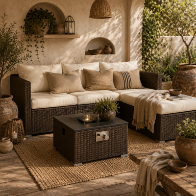 Wyld Haus Dirone 4-Seater Rattan Corner Garden Set With Fire Table And Footstool from B&Q