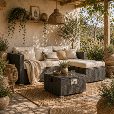 Wyld Haus Misa 5-Piece Modular Rattan Garden Set With Fire Table And FootstoolBlack And Cream from B&Q