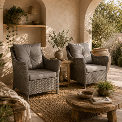 Wyld Haus Neluli Set Of 2 Dark Grey Rattan Outdoor Armchairs With CushionsArmrests And High Back from B&Q