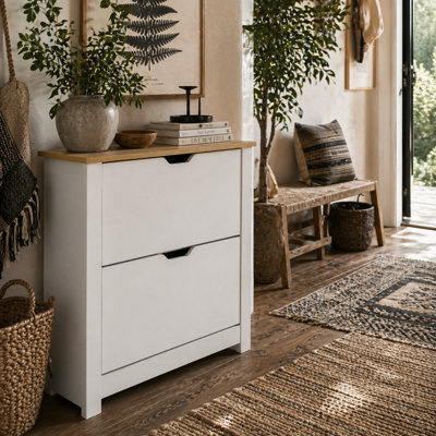 Wyld Haus Eldino Slim White Shoe Cabinet With 2 Flip Drawers And Adjustable ShelvesHolds Up To 12 Pairs from B&Q