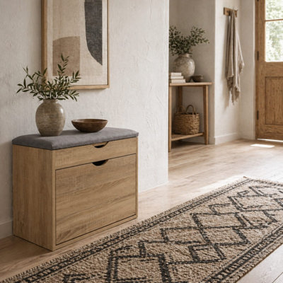 B&Q -  Zielma Natural Wood-Effect Shoe Bench 60W X 30D X 50H Cm With Grey Cushioned Seat And Flip-Up Storage