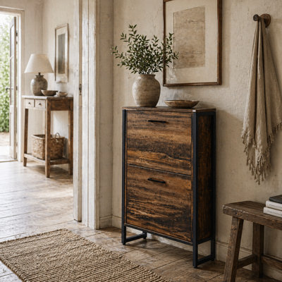 Wyld Haus Conine Rustic Wood-Effect 2-Door Shoe Cabinet With Flip DrawersHolds 12 PairsDark Wood Finish from B&Q