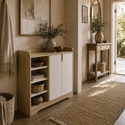 Wyld Haus Nopaba Shoe Cabinet Natural And WhiteDouble Doors With Open Shelves13-Pair Capacity80W X 30D X 80H Cm from B&Q