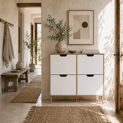Wyld Haus Margarita Shoe CabinetNatural Wood-Effect Frame With White Doors4 Flip Drawers95W X 26D X 95H Cm from B&Q