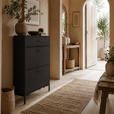 Wyld Haus Sopane Slim Black Shoe Cabinet With 3 Tilt-Out DrawersTop Storage DrawerMetal LegsFits Up To 12 Pairs from B&Q