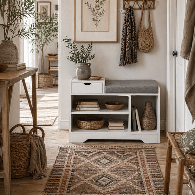 Wyld Haus Norata White Multi-Compartment Shoe Bench With Grey Cushioned SeatCompact Hallway Storage from B&Q
