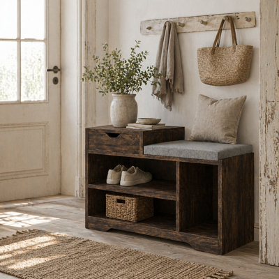 Wyld Haus Nata Rustic Brown Wooden Shoe Bench With Grey Cushioned Seat And Multi-Compartment Storage from B&Q