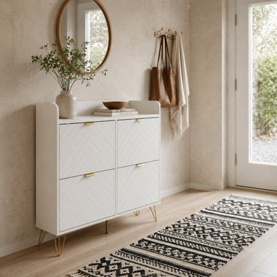 Wyld Haus Zikase White Chevron Slim Shoe Cabinet With 4 Flip DrawersHolds 16 Pairs24Cm Depth from B&Q