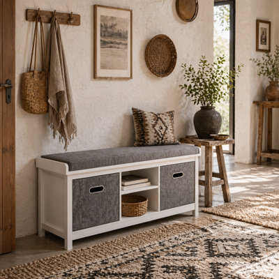 Wyld Haus Keso Wooden White And Grey Shoe Storage Bench With Cushioned SeatL105 X D35 X H47Cm from B&Q
