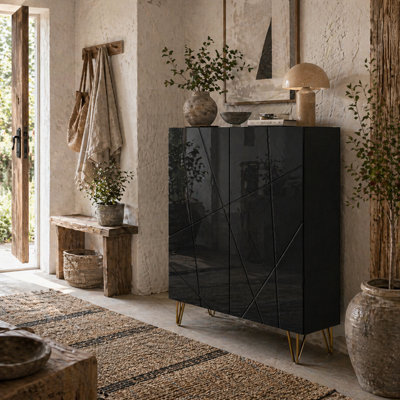 Wyld Haus Taco Mosa Slim High Gloss Black Shoe Cabinet With Geometric Pattern Up To 20 Pairs from B&Q