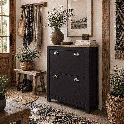 Wyld Haus Resuka Black Slim Wooden Shoe Cabinet With 2 Flip Drawers Up To 12 Pairs from B&Q