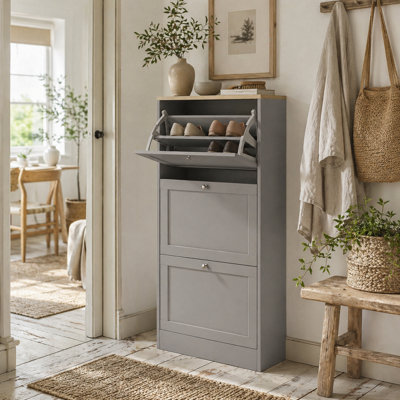 Wyld Haus Sari Grey Compact 3-Drawer Tilt-Out Shoe CabinetTall Narrow Hallway Storage from B&Q