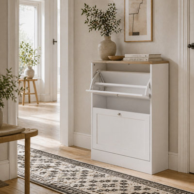 Wyld Haus Lori 2-Drawer Slim White Shoe Cabinet With Natural Wood-Effect Top60 X 23.5 X 80 Cm from B&Q