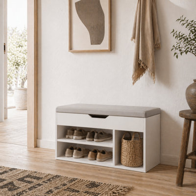 Wyld Haus Zima Cream White Shoe Storage Bench With Hidden Compartment And Light Grey Padded SeatL80 X D30 X H45Cm from B&Q