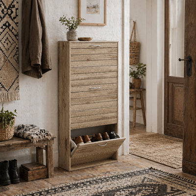 Wyld Haus Covara 12-Pair Brown Wood-Effect Shoe Cabinet With Flip Drawers23.5Cm Slim Depth from B&Q
