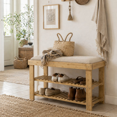 Wyld Haus Fisuso 60Cm Bamboo Shoe Bench Cream White With Cushioned Seat And 3-Tier Storage from B&Q
