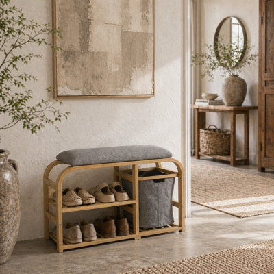 Wyld Haus Mira Bamboo Natural Shoe Bench With Grey Padded Seat70 X 30 X 45 Cm from B&Q