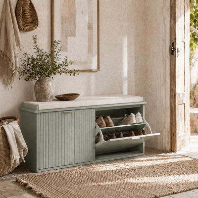 Wyld Haus Reraha Mint Green Wooden Shoe Bench With Beige Cushion And 10-Pair Storage (L104 X D26 X H47.5Cm) from B&Q