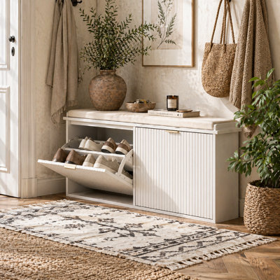 Wyld Haus Fasu Liha 10-Pair White Shoe Bench With Beige Cushioned Top And Flip Drawers from B&Q