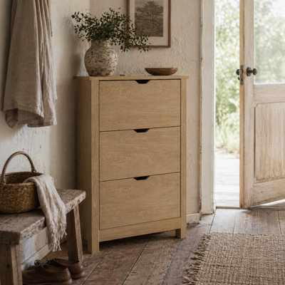 Wyld Haus Nesela Slim Natural Wood-Effect Shoe Cabinet 3 Flip Drawers For Up To 18 Pairs from B&Q