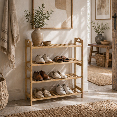 Wyld Haus Dicove Bamboo 4-Tier Freestanding Shoe Rack Natural FinishSlatted Stepped Shelves For Hallway And Bedroom Storage from B&Q