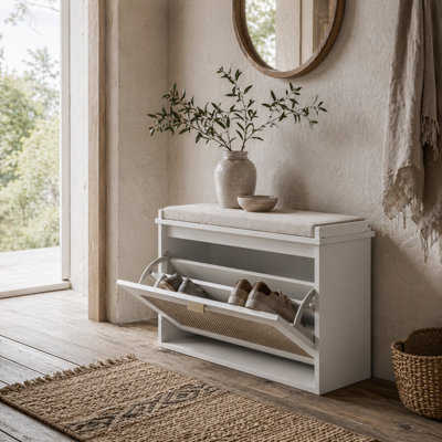 Wyld Haus Kekami Wooden White Boho Shoe Storage Bench With Cushioned Seat And Flip Drawer80 X 26 X 47.5 Cm from B&Q