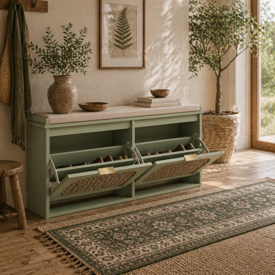 Wyld Haus Rika Light Green Boho Shoe Bench With Cushioned Seat And 2 Flip Drawers1040mm W from B&Q