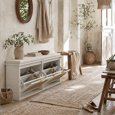 Wyld Haus Hano White Boho Shoe Bench With Cushioned Seat And 2 Flip DrawersL104 X D26 X H47.5Cm from B&Q