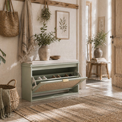 Wyld Haus Rikena Coyo Light Green Boho Shoe Bench With Cushioned Seat And Flip DrawerL80 X D26 X H47.5Cm from B&Q