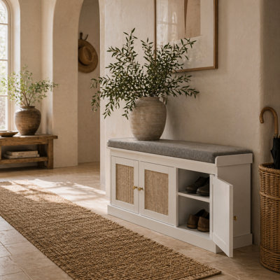 Wyld Haus White Wooden Shoe Bench With 3 Woven Rattan Doors And Grey Padded SeatL105 X D35 X H47Cm from B&Q