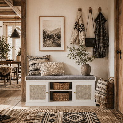 Wyld Haus Bafisa White Boho Shoe Bench With Cushioned SeatRattan Doors And Gold-Tone HandlesL105 X D35 X H47Cm from B&Q