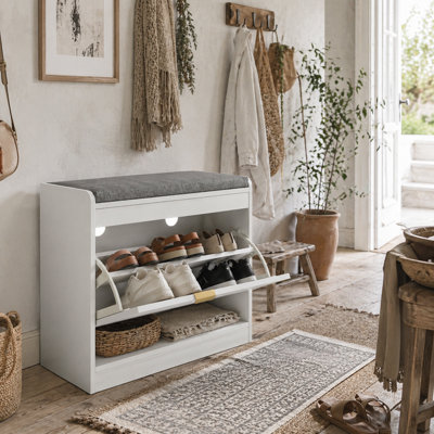 Wyld Haus Baniri White Shoe Storage Bench With Grey Padded Seat And Flip DrawerL60 X D26 X H52.5Cm from B&Q