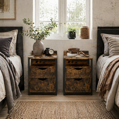 Wyld Haus Dikedo Set Of 2 Industrial Metal And Wooden Rustic Brown Bedside Tables With 2 Drawers And Shelf from B&Q
