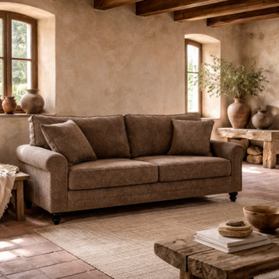 Wyld Haus Soleka 3-Seater Fabric Sofa 196Cm Brown With Rubberwood Legs And Nailhead Trim from B&Q