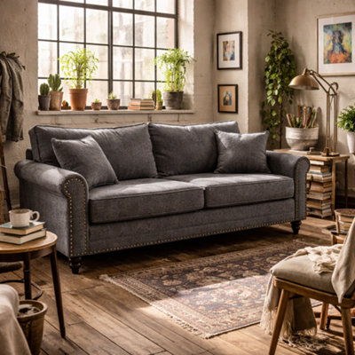 Wyld Haus Tael Yolo Grey Fabric 3-Seater Sofa With Nailhead Trim And 2 Cushions196Cm from B&Q