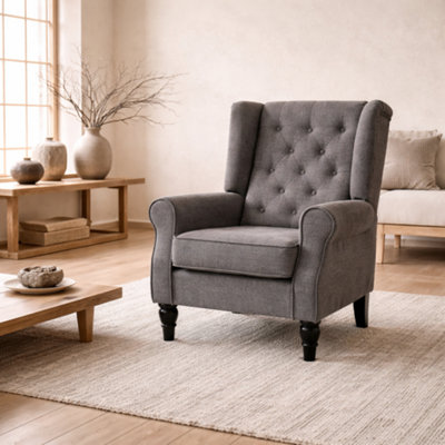 Wyld Haus Keri Molo Dark Grey Snow Flannel Wingback Accent Chair With Button Tufting And Black Legs from B&Q