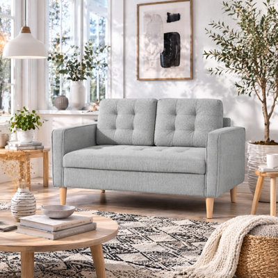 B&Q -  Pamo Light Grey Compact 2-Seater Sofa With Hidden StorageTufted Seat And Wooden Legs