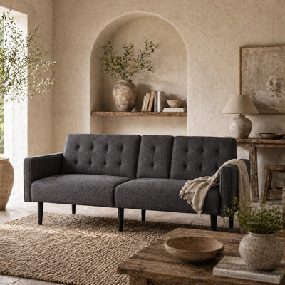 Wyld Haus Nissa 3-Seater Grey Fabric Sofa Bed With Diamond Tufted Back And Split Adjustable Headrests from B&Q
