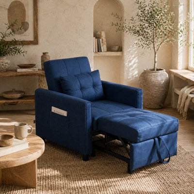 B&Q -  Haso Linen-Look Dark Blue Single Sleeper Chair BedConvertible 3-Level BackrestCompact Sofa Bed