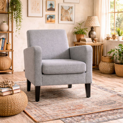 B&Q -  Lurasa Linen-Look Light Grey Box-Style ArmchairCompact Modern Armchair For Living Rooms And Bedrooms