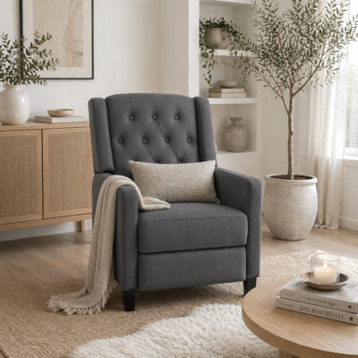 Wyld Haus Lino Microfibre Deep Grey Button-Tufted Recliner Armchair With Integrated Footrest from B&Q