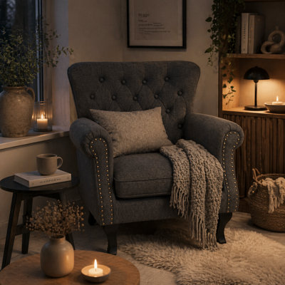 Wyld Haus Rolu Zimo Dark Grey Chesterfield-Style Nailhead Accent ChairWingbackLinen-Effect Upholstery from B&Q