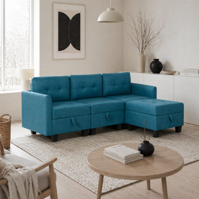 B&Q -  Torono Aqua Blue 3 Seater Modular L-Shaped Sofa With Built-In Storage And Ottoman