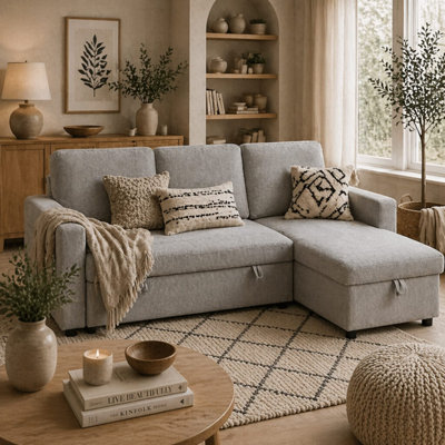 B&Q -  Tafaha Light Grey 3-Seater Pull-Out Sofa Bed With Reversible ChaiseStorage And Side Pockets