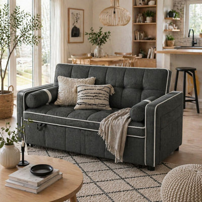 B&Q -  Tapa Linen-Effect Charcoal Grey 2-Seater Sofa Bed With White Trim And Pillows