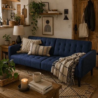 Wyld Haus Rolano Dark Blue 3-Seater Sofa Bed With Tufted Diamond Pattern And Split-Back Recline from B&Q