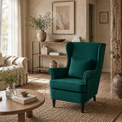 B&Q -  Velvet-Feel Dark Green Wingback Accent Chair With High Back Pillow And Wooden Legs75W X 83D X 104H Cm