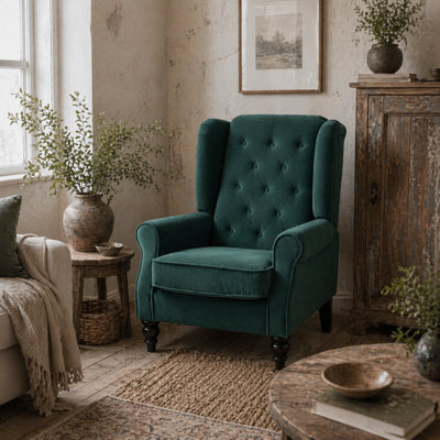 Wyld Haus Dona Green Velvet-Effect Wingback Accent Armchair With Diamond Button Tufting from B&Q